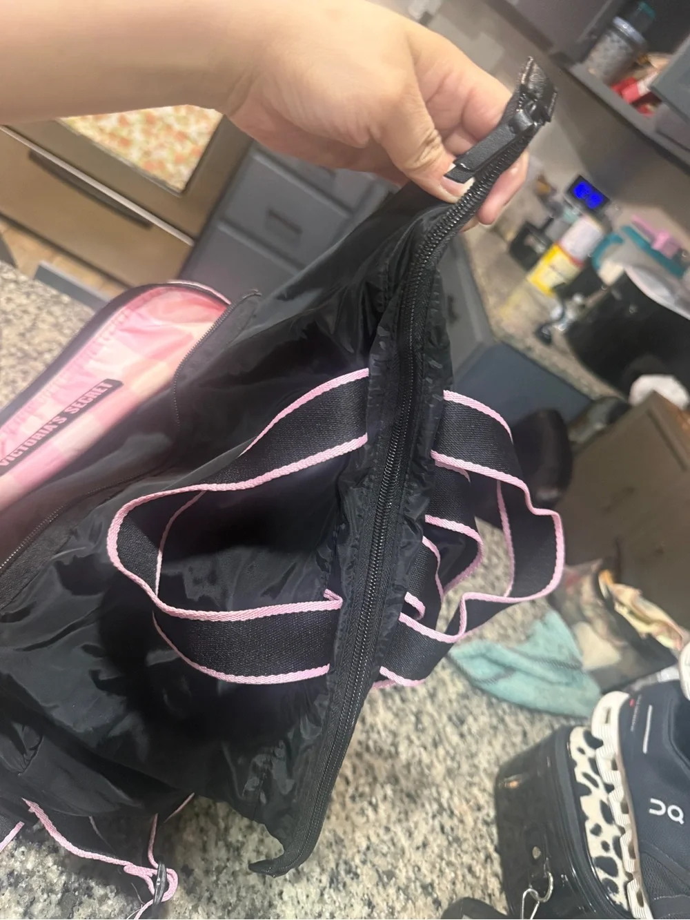 Victoria's Secret Black Backpack with Pink Striped Front Pocket